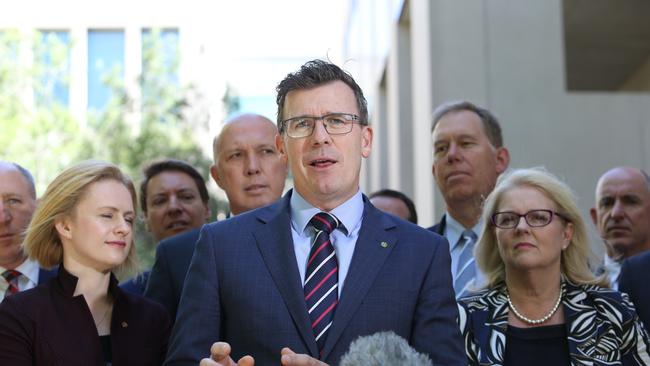 Minister for Cities, Urban Infrastructure and Population, the Hon Alan Tudge with Minister for Home Affairs Peter Dutton holding a press conference on regarding the South-East Queensland City Deal. The Morrison Government has committed to working with the Queensland Government and local councils in South East Queensland to develop a City Deal for the region, Parliament House in Canberra. Picture Kym Smith