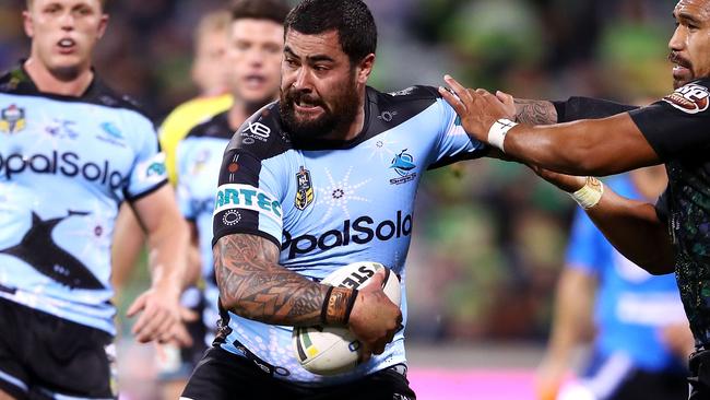 Andrew Fifita on the charge for the Sharks.