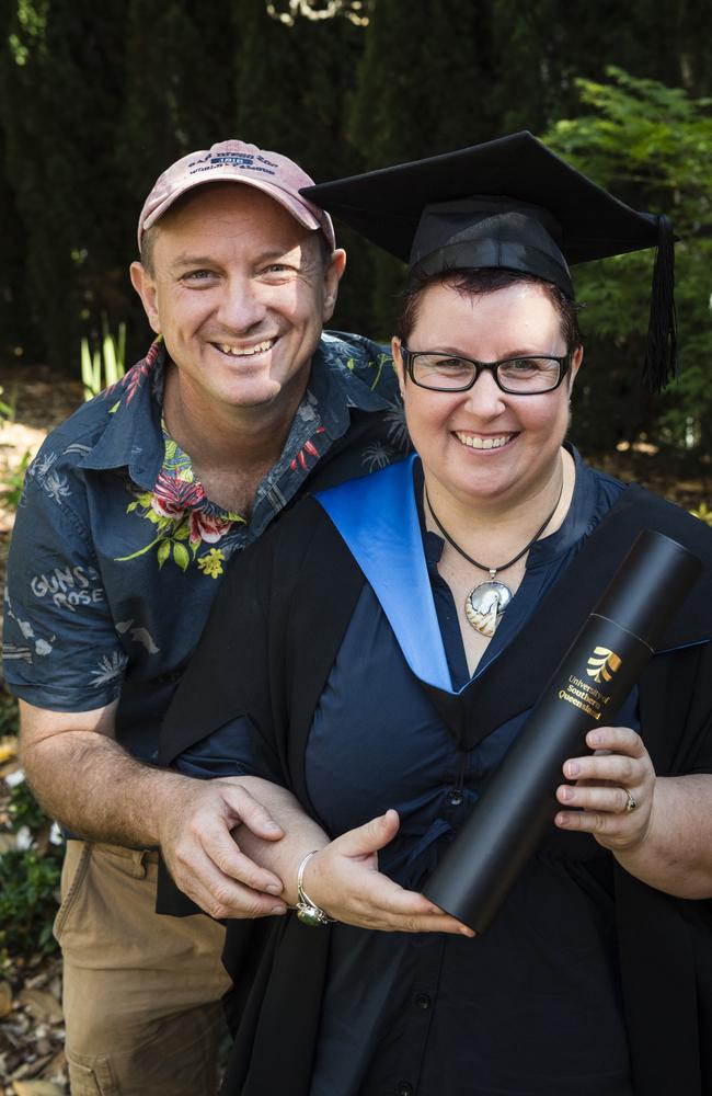 Clint Janson congratulates Bachelor of Nursing graduate Kirsty Riley at a UniSQ graduation ceremony at Empire Theatres, Tuesday, October 31, 2023. Picture: Kevin Farmer