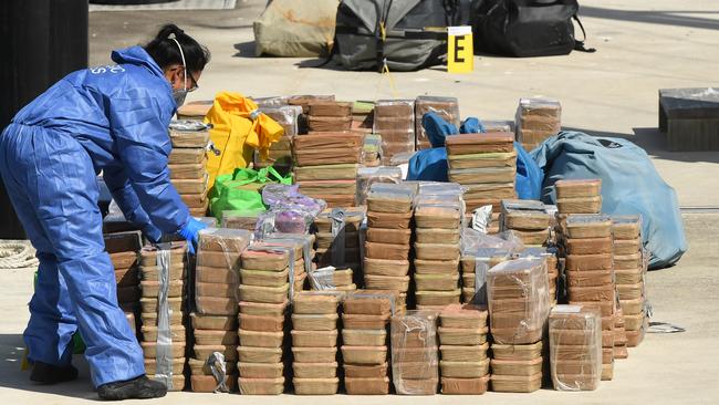 Police remove a large amount of methamphetamine from the yacht. Picture: AAP