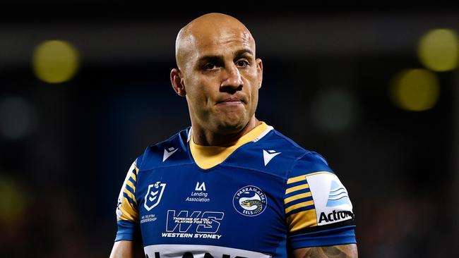 MACKAY, AUSTRALIA - SEPTEMBER 18: Blake Ferguson of the Eels watches on during the warm-up before the NRL Semifinal match between the Penrith Panthers and the Parramatta Eels at BB Print Stadium on September 18, 2021 in Mackay, Australia. (Photo by Matt Roberts/Getty Images)