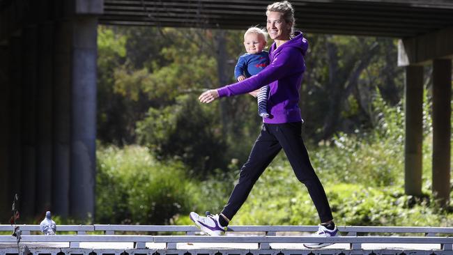 Claire Tallent with son Harvey in Adelaide in the build up to the Gold Coast Commonwealth Games. Picture: Sarah Reed