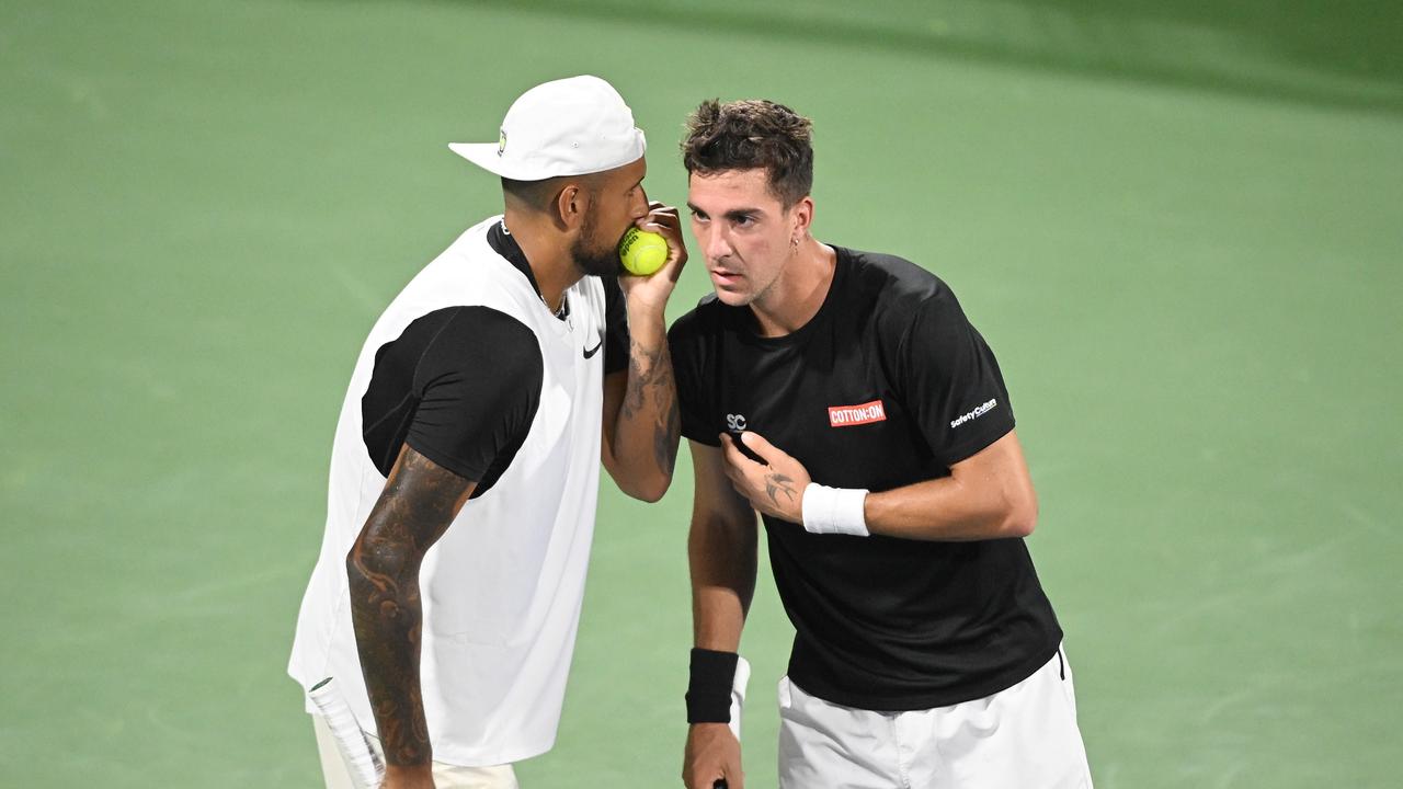 Kyrgios and Kokkinakis aren’t used to being on the opposite sides of the court. Picture: Adam Hagy/Getty Images/AFP