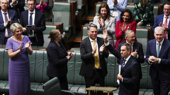 Federal Treasurer Jim Chalmers finishes his speech for the 2023 federal budget, to applause. Picture: Dylan Robinson