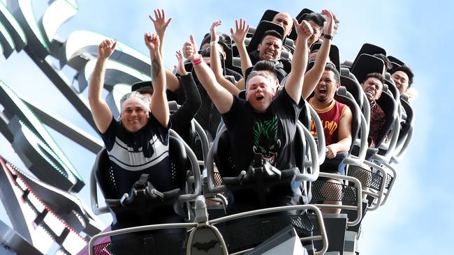 Leonard Hebert (front left) has helped VRL’s earnings, riding the DC Rivals hypercoaster 819 times. Photo: Richard Gosling