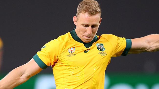 SAPPORO, JAPAN - SEPTEMBER 21: Reece Hodge of Australia kicks a conversion during the Rugby World Cup 2019 Group D game between Australia and Fiji at Sapporo Dome on September 21, 2019 in Sapporo, Hokkaido, Japan. (Photo by Mark Kolbe/Getty Images)