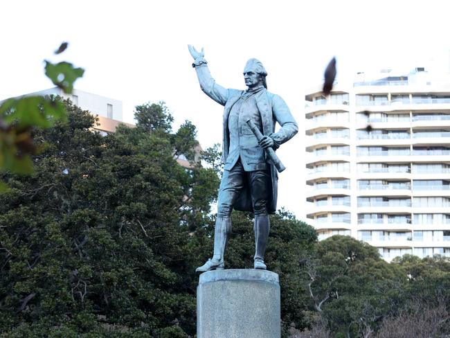 JUNE 23, 2024: The Captain Cook Statue in Hyde Park, Sydney CBD.  The Captain Cook Statue has been vandalised, vandals climbed up about 4 metres to try and saw off his right ankle.Picture: Damian Shaw