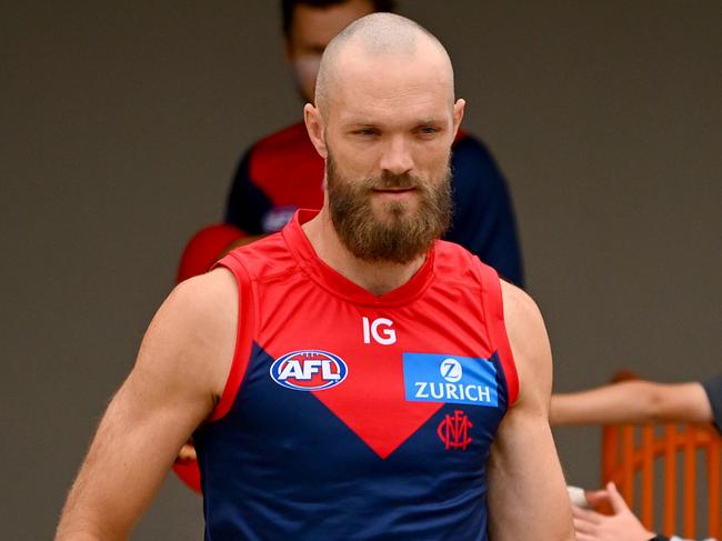 MELBOURNE, AUSTRALIA - FEBRUARY 18: Max Gawn of the Demons takes to the field ahead of an AFL practice match between Melbourne Demons and Richmond Tigers at Casey Fields on February 18, 2024 in Melbourne, Australia. (Photo by Morgan Hancock/Getty Images)