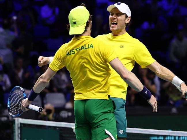 MALAGA, SPAIN - NOVEMBER 21: Matthew Ebden and Jordan Thompson of Team Australia celebrate victory during the Davis Cup Quarter Final match betwen USA and Australia at Palacio de Deportes Jose Maria Martin Carpena on November 21, 2024 in Malaga, Spain. (Photo by Matt McNulty/Getty Images for ITF)