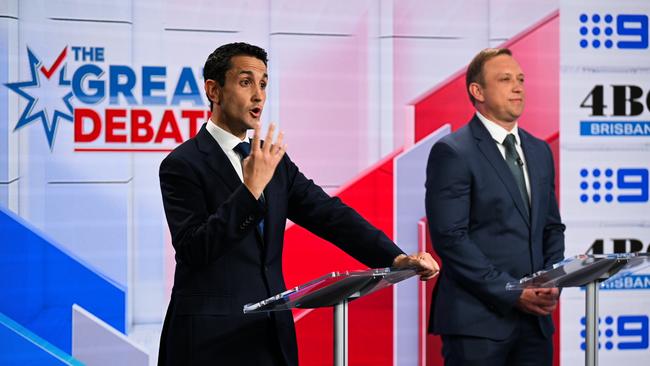 Queensland Premier Steven Miles (right), and Opposition David Crisafulli during their first state election debate at Nine studios in Brisbane, October 3, 2024. Picture: Pool via NewsWire/ Dan Peled