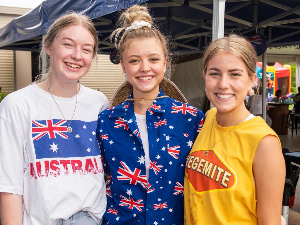 Ruby Sharam, Mikeely Breckell and Arabella Wison at Australia Day @ The Bowlsie Northern Beaches Bowls club.Picture: Michaela Harlow