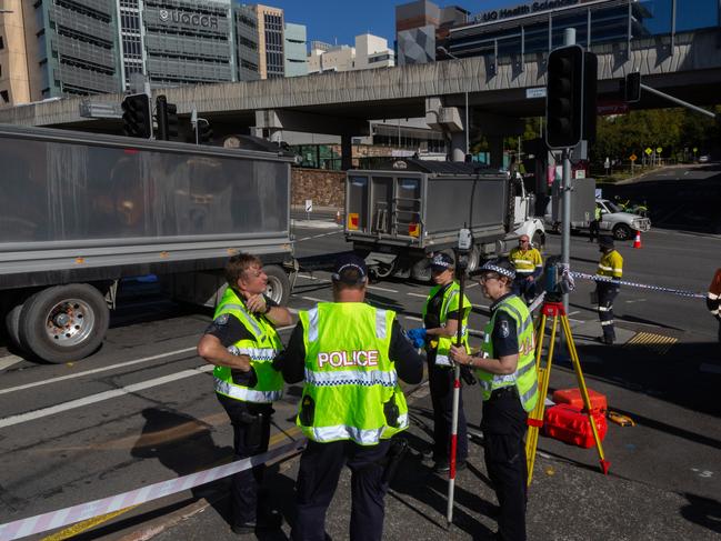 Police at the scene of the accident outside the Royal Brisbane and Women's Hospital at Herston in Brisbane. Picture: David Kapernick