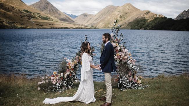 Eliza Sum and husband, Josh, on their elopement day in New Zealand. Picture: Barefoot and Bearded