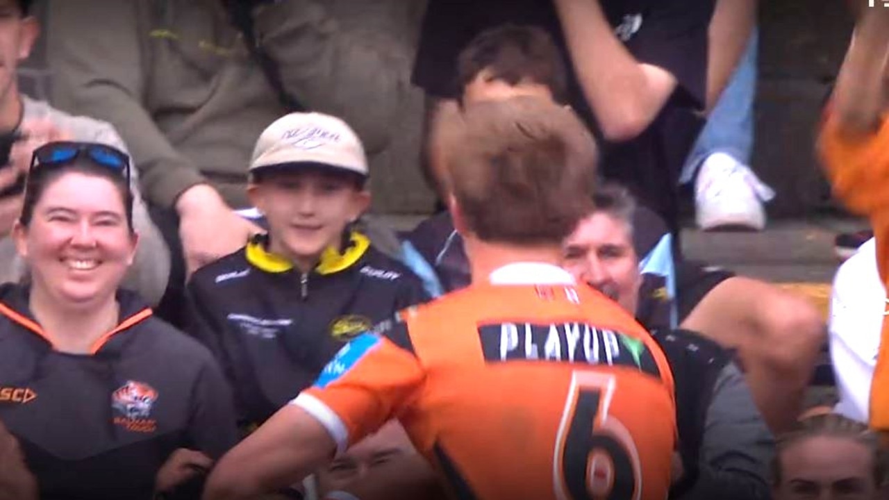 Lachlan Galvin celebrated wildly in front of Tigers supporters, much to the delight of fans.. Imaeg: Kayo