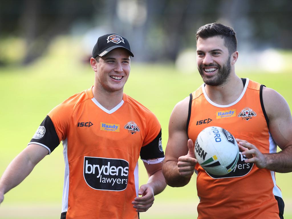 Mitch Moses and James Tedesco are just two of the many players managed by Isaac Moses to leave the Wests Tigers in recent years. Picture: Phil Hillyard