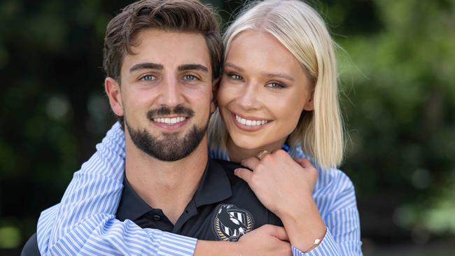 SPEAK TO PIC DESK - FOR VWEEKEND COVER MARCH 9 Collingwood star Josh Daicos and partner Annalise Dalins are the ambassadors for Glamour on the Grid Grand Prix party. Pic for VWeekend cover March 9. Picture: Tony Gough