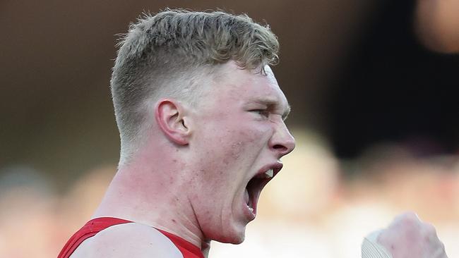 23/09/18 - SANFL - Grand Final - Norwood v North Adelaide at the Adelaide Oval. Alex Barns celebrates his goal. Picture SARAH REED