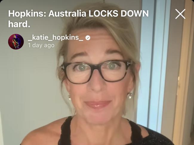 In her Instagram live videos, Ms Hopkins described ‘scaring the shit’ out of hotel quarantine workers by opening her door naked and with no mask on.