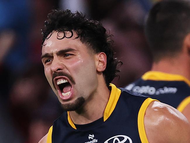 ADELAIDE, AUSTRALIA - MAY 02: Izak Rankine of the Crows celebrates a goal during the 2024 AFL Round 08 match between the Adelaide Crows and the Port Adelaide Power at Adelaide Oval on May 02, 2024 in Adelaide, Australia. (Photo by James Elsby/AFL Photos via Getty Images)