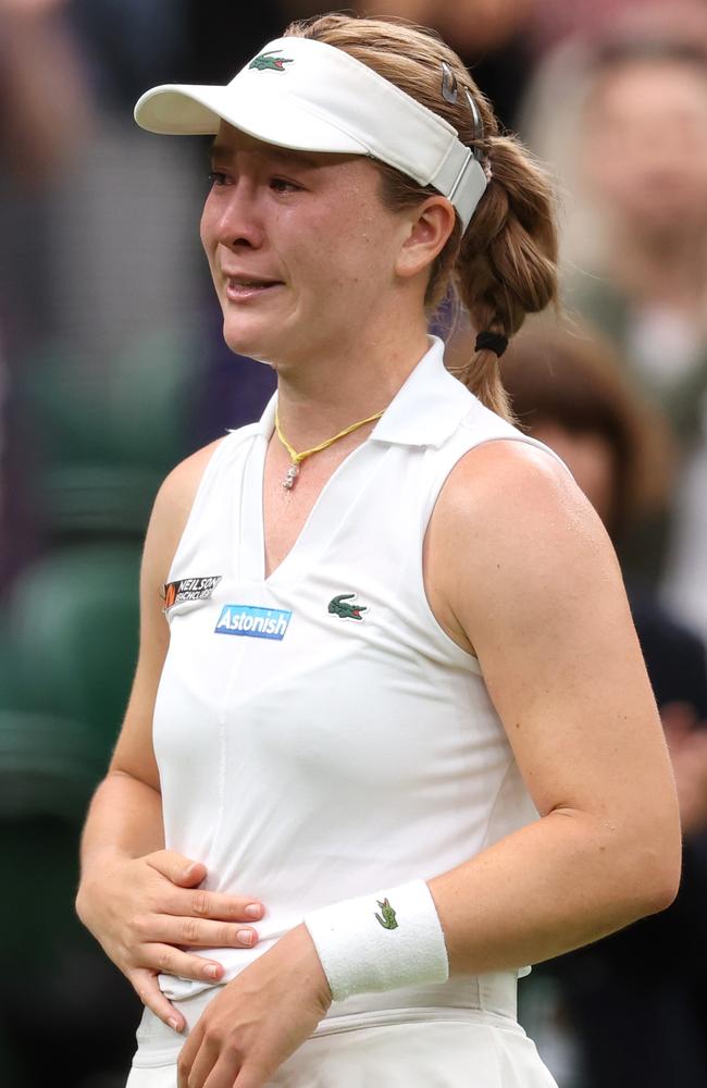 Lulu Sun of New Zealand appears emotional as she celebrates match point. (Photo by Julian Finney/Getty Images)