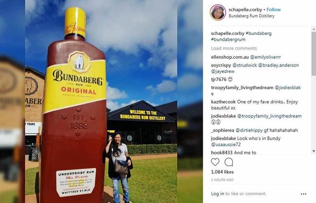 BUNDY ICON: Schapelle Corby has paid a visit to the Bundaberg Rum factory, posing near its famous bottle. Picture: Instagram