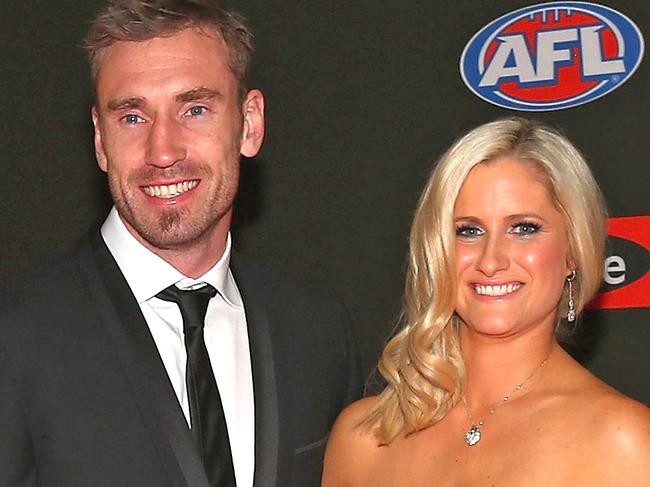 20 JULY 2020 - Former AFL footballer Shane Tuck has died at the age of 38. Tuck played 173 matches for the Richmond Tigers between 2004 and 2013. MELBOURNE, AUSTRALIA - SEPTEMBER 24: Shane Tuck of the Tigers and his wife Katherine Tuck pose ahead of the 2012 Brownlow Medal at Crown Palladium on September 24, 2012 in Melbourne, Australia.  (Photo by Quinn Rooney/Getty Images)