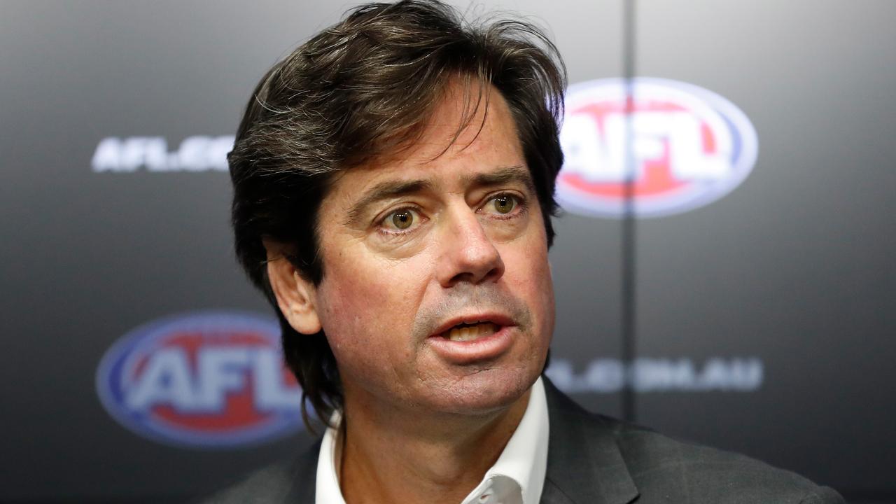 MELBOURNE, AUSTRALIA - MAY 27: Gillon McLachlan, Chief Executive Officer of the AFL speaks with media during a press conference detailing the AFLs response to the latest Covid-19 outbreak in Melbourne at Marvel Stadium on May 27, 2021 in Melbourne, Australia. (Photo by Michael Willson/AFL Photos via Getty Images)