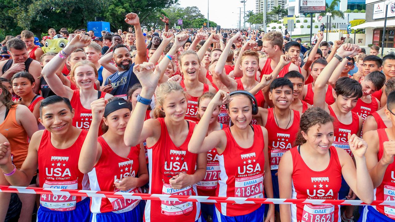 Competitors line up for the start of the Gold Coast Airport Fun Run including a large contingent of American teenagers. Picture: Tim Marsden.