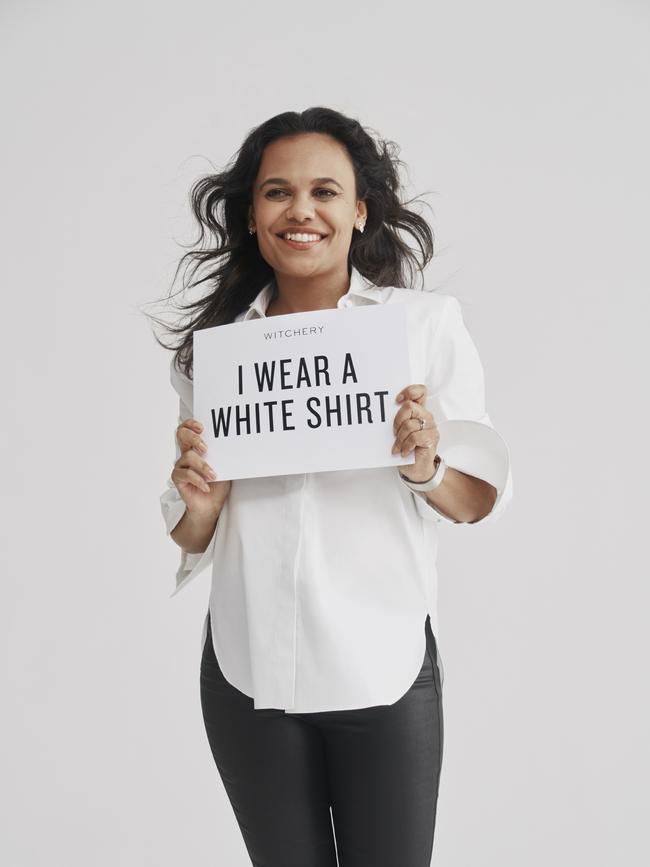 Miranda Tapsell posing for White Shirt Day to raise money and awareness for the Ovarian Cancer Research Foundation (OCRF) with the help of Witchery.