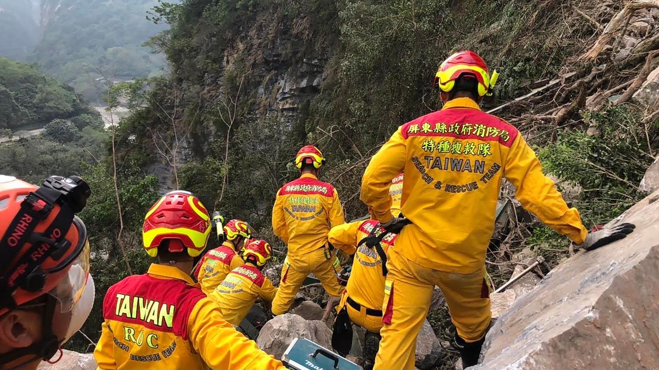 Two Australians are reportedly still missing in Taiwan after a 7.2-magnitude earthquake hit the island on Wednesday. Picture: Pingtung County Fire and Emergency Services / AFP