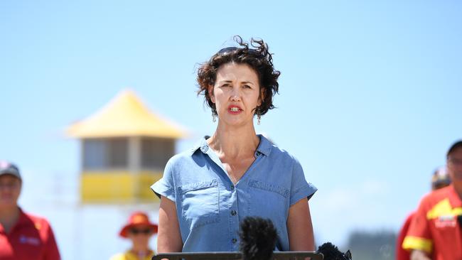 GOLD COAST, AUSTRALIA - NewsWire Photos - OCTOBER 10, 2020. Labor's candidate for Currumbin Kaylee Campradt, watched by Queensland Premier Annastacia Palaszczuk (right) speaks during a media event at North Kirra beach on the Gold Coast. Ms Palaszczuk announced a $30 million boost for Surf Life Saving Queensland as she campaigns for her re-election. Queenslanders will go to the polls on October 31.Picture: NCA NewsWire / Dan Peled