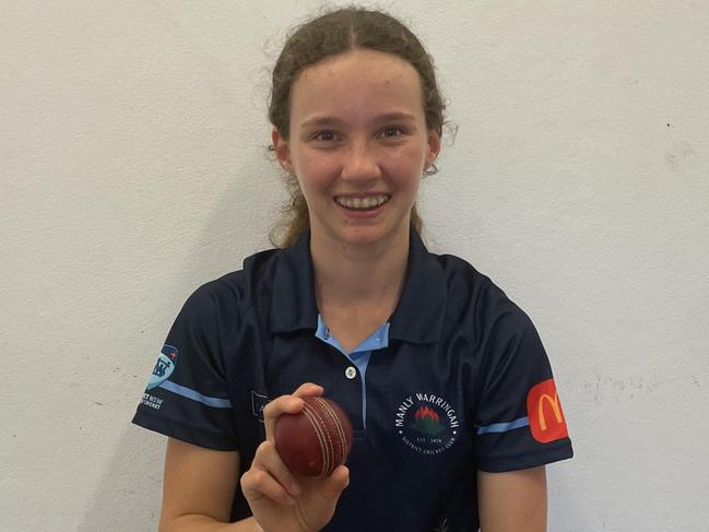 Matilda Brown after her hat-trick for Manly against Northern District. Supplied: Manly Warringah District Cricket Club