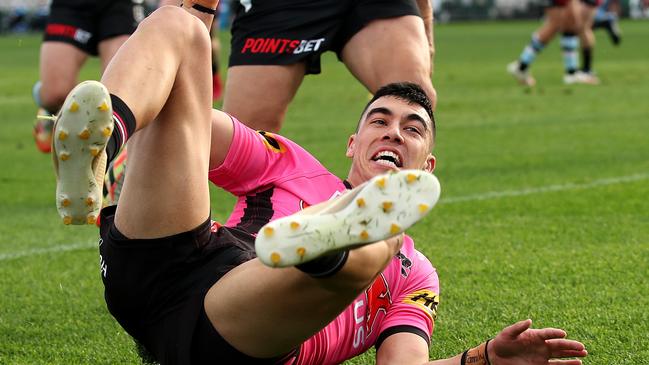 Penrith's Charlie Staines on a roll in his NRL debut. Pic: Phil Hillyard