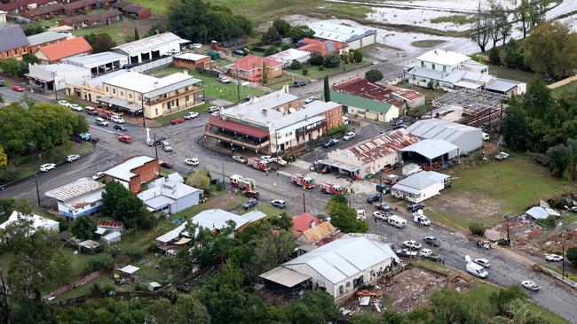 Fire trucks and TV crews in the main street of Dungog. Picture: Adam Taylor