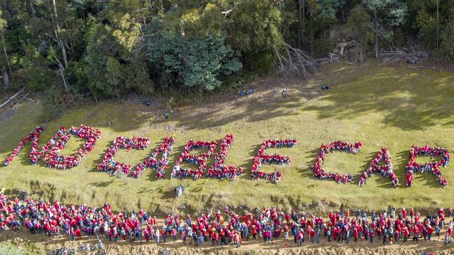 About 1000 people attended a human banner against the Mt Wellington cable car proposal in South Hobart. Picture: ROB BLAKERS 