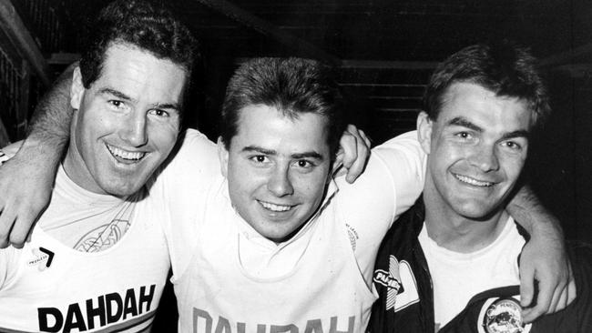 A 1991 Penrith front row (from left) Paul Clark, Ben Alexander and Paul Dunn during a training session at Penrith Park. Alexander was killed the following year.