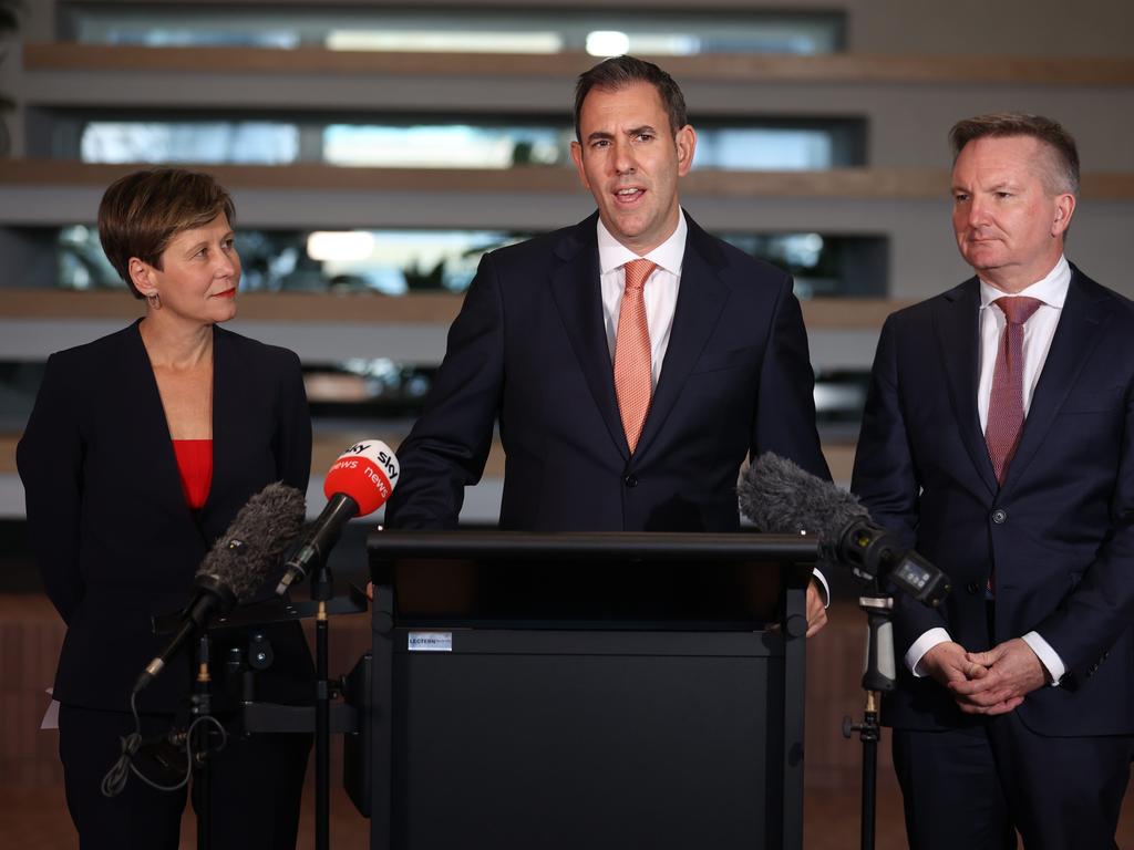 BRISBANE AUSTRALIA - NewsWire Photos APRIL 21, 2023: Treasurer Jim Chalmers, Minister for Climate Change and Energy Chris Bowen (right) and Assistant Minister for Climate Change and Energy Jenny McAllister (left) addresses the media at a press conference in Brisbane. NCA NewsWire / Sarah Marshall