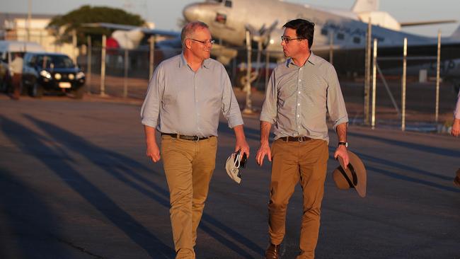 Scott Morrison and David Littleproud in Quilpie, south west Queensland. Picture: AAP Image/Fairfax Media Pool