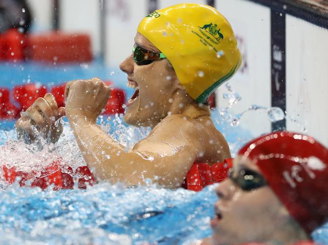 RIO DE JANEIRO, BRAZIL - SEPTEMBER 16: Ellie Cole of Australia celebrates winning the gold medal in the Women's 100m Backstroke - S9 Final on day 9 of the Rio 2016 Paralympic Games at the Olympic Aquatic Stadium on September 16, 2016 in Rio de Janeiro, Brazil. (Photo by Buda Mendes/Getty Images)