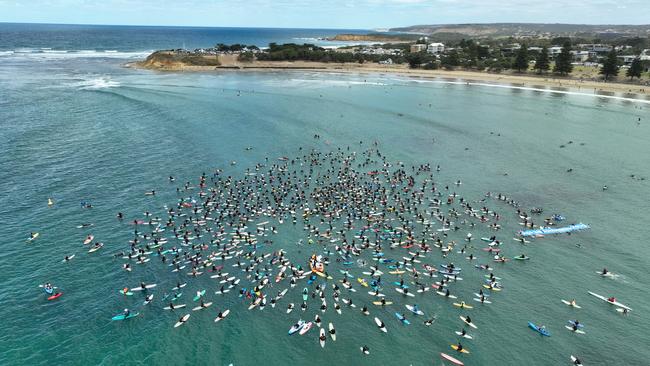 An anti-seismic testing paddling protest at Torquay earlier in 2024. Picture: Adam Stan.