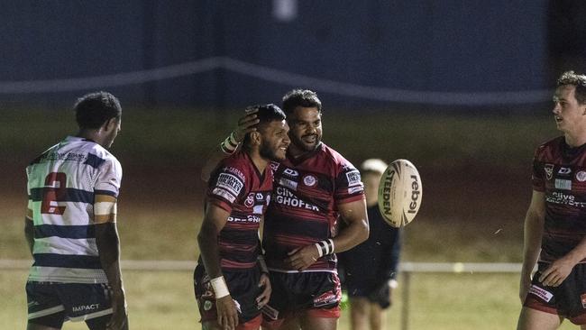 Valleys celebrate a try by Alexander Hinch (centre) against Brothers in TRL A grade round eight rugby league at Glenholme Park, Saturday, June 3, 2023. Picture: Kevin Farmer