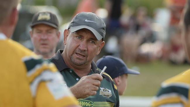 Coach Col Speed talks to his Orara Valley players at half-time during the Hoey Moey Tooheys Coffs Coast 9s final against Coffs Harbour Comets at Geoff King Motors Park. The Axemen won 12-10.  February 17, 2018