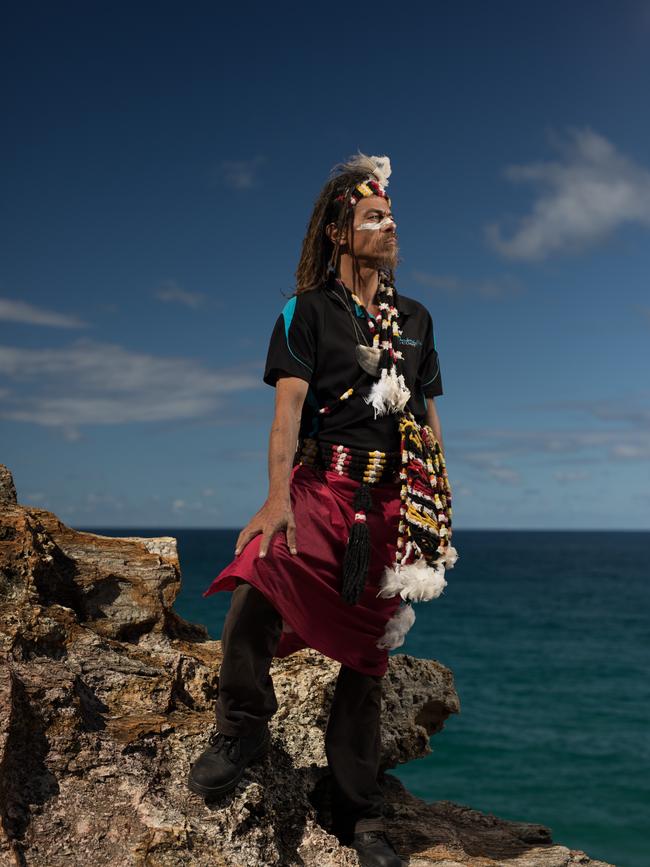 Josh Walker, Quandamooka songman at Point Lookout, or Mooloomba. Picture: David Kelly