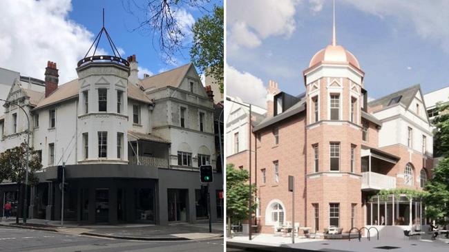 The current site at 61-63 Macleay St, Potts Point (left) and the boutique hotel it could become (right). Picture: SJB Architects