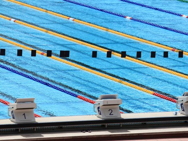 Starting blocks in a olympic swimming pool