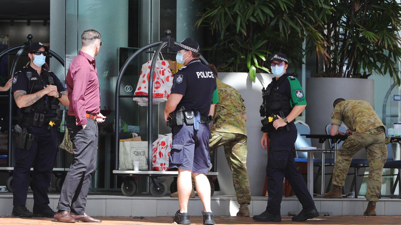 Police and army in front of the Sofitel serves as a reminder to keep up your social distancing up. Picture Glenn Hampson