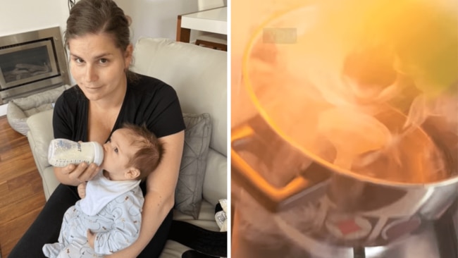 Rachel accidentally fell asleep while her baby's bottles were sterilising on the stove. Source: Supplied