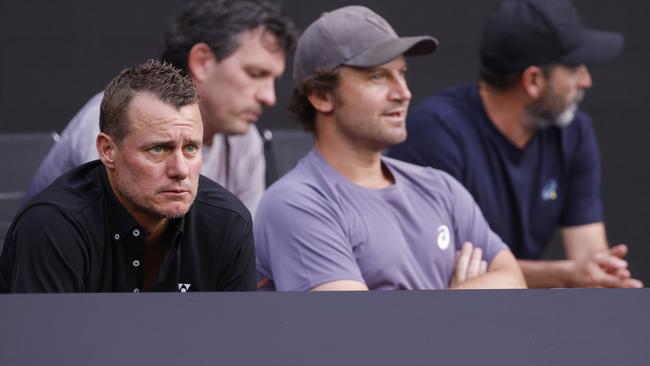 Lleyton Hewitt in Alex de Minaur’s courtside players box. Picture: Michael Klein.