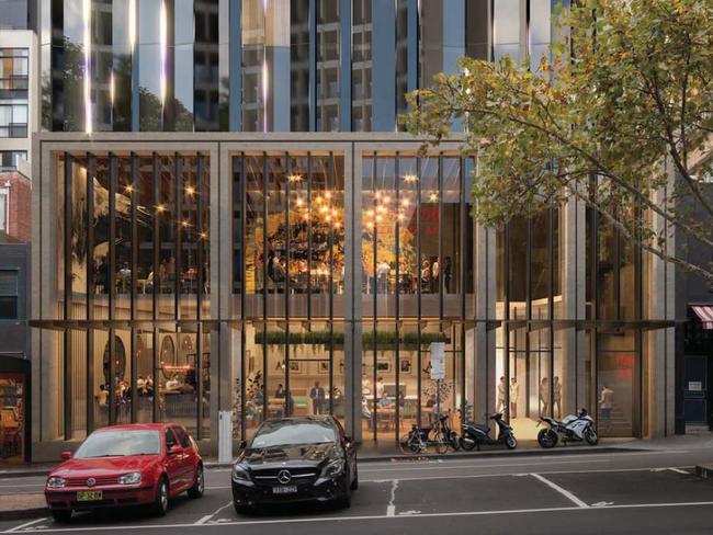 A ground level view of the proposed 13-storey micro hotel at 130 Russell St, Melbourne. Architect: Buchan/Nikken