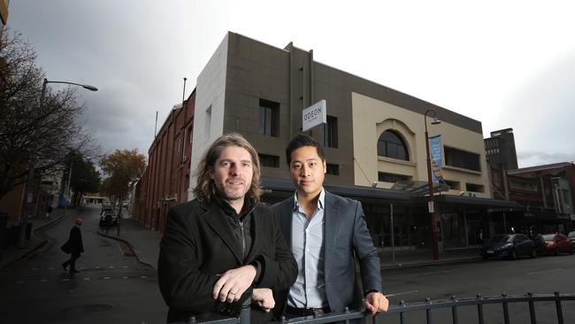 Mona's Leigh Carmichael with Riverlee Development Director David Lee at the Odeon Theatre on Liverpool Street in 2017. Picture: LUKE BOWDEN